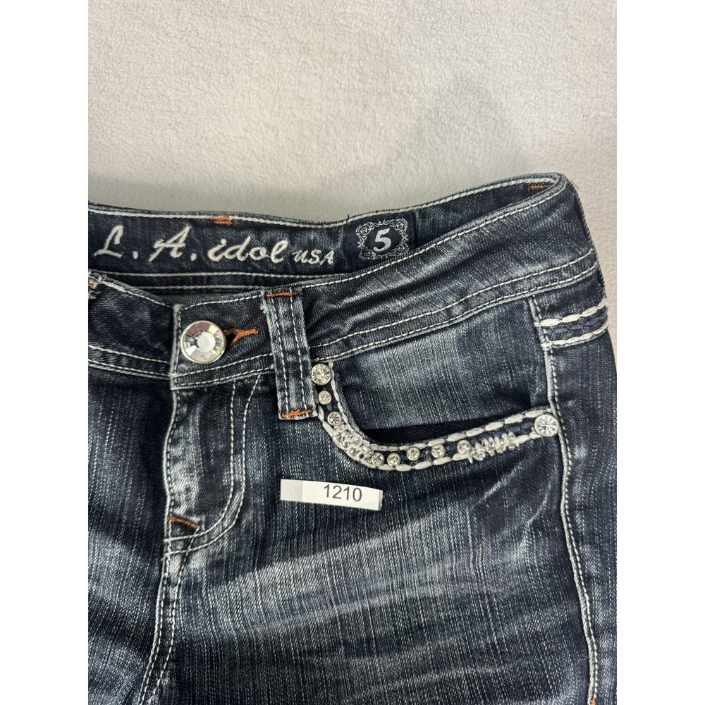 L.A Idol USA Embellished Jeans Boot cut Thick Stitch Size 5 Dark Wash Rhinestone